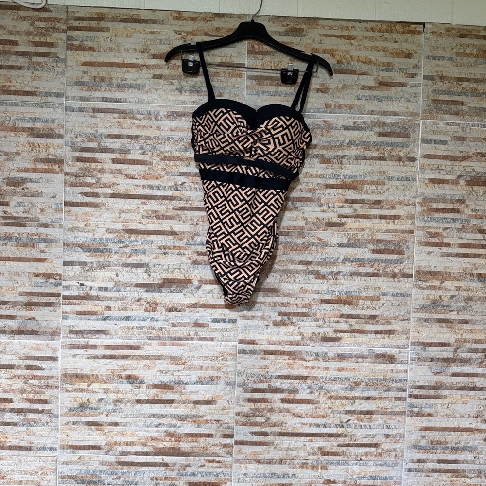 Black and Beige Geometric One-Piece Swimsuit with Supportive Cups